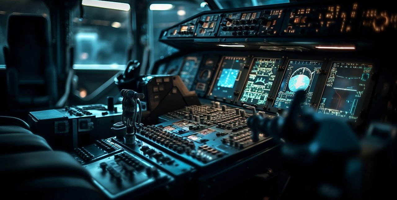 aerospace 3d scanning inside of an aircraft cockpit with blue lighting